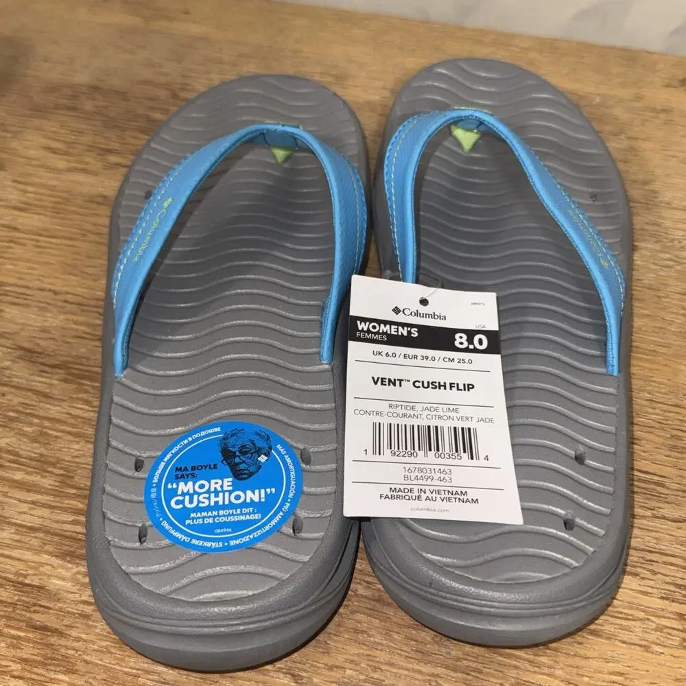 Columbia Vent Cush Flip Sandals Womens 8 Gray Blue Jade Lime Comfort Flip Flops